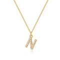 Detailed close-up of 14k gold plated box chain necklace with zircon paved letter N pendant - Letter N