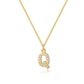 Detail view of gold-plated box chain necklace with a cubic zirconia paved letter Q pendant - Letter Q
