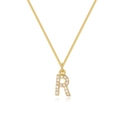 Macro view of gold plated initial R pendant with cubic zirconia on a sturdy box chain - Letter R
