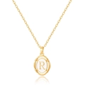 Collier doré minimaliste avec pendentif ovale blanc, lettre R et bordure perlée chic - Lettre R