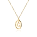 Detail view of gold alloy necklace featuring a polished oval pendant with a hanging letter G - Letter G