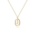 Macro detail of golden oval pendant necklace featuring a minimalist capital letter K design - Letter K