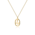 Detail of minimalist 18K gold plated oval pendant featuring a capital letter M charm - M