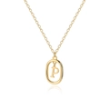 Close-up of 18K gold letter P pendant featuring an oval frame and fine chain link - Letter P
