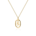 Detailed close-up of 18K gold-plated oval pendant featuring the hanging letter S and fine chain - S