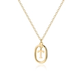 Detail of golden chain with oval pendant featuring a capital letter T in metal finish - Letter T