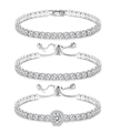 Detail van drie zilveren tennisarmbanden met zirkonia, halo-ontwerp en verstelbare sluiting - Zilver Zirkonia 3-Delige Set (0445-1)