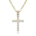Close-up of golden paperclip chain necklace with a pearl cross pendant and zircon inlay - Paperclip Chain Artificial Pearl Inlaid Cross (0264)