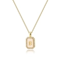Gouden ketting met rechthoekige schelp letter B hanger en rand van sprankelende zirkonia - Letter B