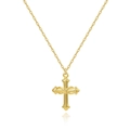 Detailed view of a gold cross pendant with unique intertwined lines on a thin chain - Wrapped Lines Simple Cross (0180-4)