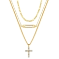 Detail van gelaagde goudkleurige ketting met zirkonia veiligheidsspeld en kruisbedels - Figaro Ketting 3-Laags Gelaagde Pin Kruis (0241-1)
