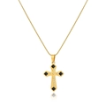 Detail of 18k gold cross pendant with black diamond accents and sleek snake chain - Black Rhombus Inlaid Cross (xp-125-2)
