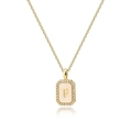 Close-up of gold square shell pendant with letter F and pavé zircon border details - Letter F
