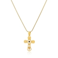 Macro detail of golden cross necklace with black center stone and enamel patterns - Black Geometric Pattern Round Cross (xp-125-6)