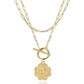 Detail of double-layer gold chain necklace with flower pendant featuring letter P and OT clasp - Letter P