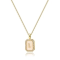 Detailed view of golden rectangle pendant with shell inlay letter L and zircon border - Letter L