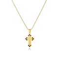 Macro detail of gold cross pendant with snake chain and black enamel accents - Micro Inlaid White Zirconia Black Enamel Border Cross (xp-125-10)