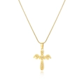 Macro detail of gold cross pendant with wing design, heart center and sparkling crystals - Wings Heart Zirconia Cross (xp-125-4)