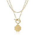 Close-up of golden double-layer paperclip chain necklace with OT buckle and letter W clover - Letter W