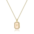 Detail of square gold shell pendant with zircon border and letter V on fine chain necklace - Letter V