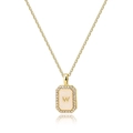 Detailed close-up of a gold octagon pendant necklace with shell letter W and crystals - Letter W