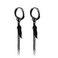 Pair of black punk style earrings with hanging feather charm and long metal chain detail - Black Feather Chain Earring