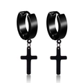 Pair of minimalist black stainless steel hoop earrings with hanging cross pendants - Style R