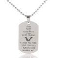 Detail of stainless steel dog tag necklace with engraved sentimental text and hand-holding art - Best Friend Friendship Necklace