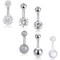 Set of 6 stainless steel belly rings with crystal, glitter and acrylic balls on white base - Multi-Style Mixed Set (6 Pieces)