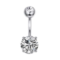 Macro shot of silver navel ring with four-prong set sparkling round cubic zirconia stones - Four-Prong Set Zirconia Style