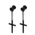 Mens punk cross dangle earrings with chain and studs in matte black finish - Long Chain Cross Stud Style