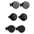 Drei Paar schwarze Edelstahlohrringe mit matten Oberflächen und Kohlefaser-Texturen - 3mm / Vielfältige Kombinationsstile