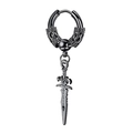 Matte black stainless steel sword drop earring with engraved dragon motif and stud hoop - Black