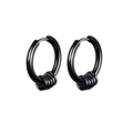 Detail view of black stainless steel hoop earrings with five decorative dangling small rings - Five Rings Decor Huggies / Black