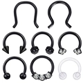 8-piece black stainless steel nose ring set with horseshoe hoops and crystal studs - Mixed Body Piercing Jewelry Set / 8 Pcs Pack / Black