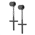 Detail of black stainless steel cross drop earrings with round stud and chain links - Cross Long Chain Style / Black