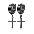 Close-up of black matte stainless steel hoop earrings with hanging cross charm pendants - Cross Dangle Huggie Earrings / Black