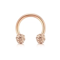 Detail of rose gold horseshoe ring featuring two spherical ends set with sparkling crystals - Pave Crystal Ball Horseshoe (Style 4) / 1.2x8mm / Rose Gold