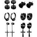 Set of 6 pairs of black stainless steel earrings in various minimalist styles for men - Cross And Dumbbell And Hoop Earrings Collection / Black