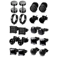 Set of 10 pairs black stainless steel stud earrings with zircon and barbell designs - Assorted Styles Collection
