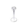 Λήψη macro από labret piercing με διαφανή ράβδο bioflex και ασημί πέτρα ζιργκόν - 8mm / Στρογγυλό