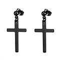 Detail view of black matte cross pendant earrings with round stud and butterfly back - Black Style B