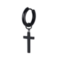 Detail view of matte black cross hoop earring with minimalist punk style aesthetics - Black