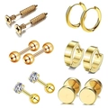 6 pairs set of gold-plated stud earrings including screw shapes and zircon hoop earrings - Earring Collection Pack / Gold