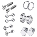Set of 6 pairs of stainless steel stud earrings including CZ, hoops and barbell styles - Earring Collection Pack / Silver