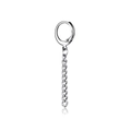 Single silver stainless steel hoop earring with a dangling industrial curb chain link - Vertical Curb Chain Pendant Hoop / Silver