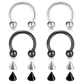 Surgical stainless steel horseshoe nose ring set with interchangeable balls and spikes - 1.2x6x3mm / Silver & Black Mix (Style F)