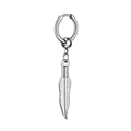 Silver stainless steel hoop earring with a detailed feather charm and bead design - Textured Feather Pendant Hoop / Silver