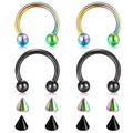 Detail view of rainbow and black stainless steel horseshoe nose rings with interchangeable ends - 1.2x6x3mm / Rainbow & Black Mix (Style K)