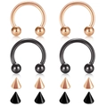 Detail view of horseshoe nose rings in rose gold and black finish with cone ends - 1.2x6x3mm / Rose Gold & Black Mix (Style N)